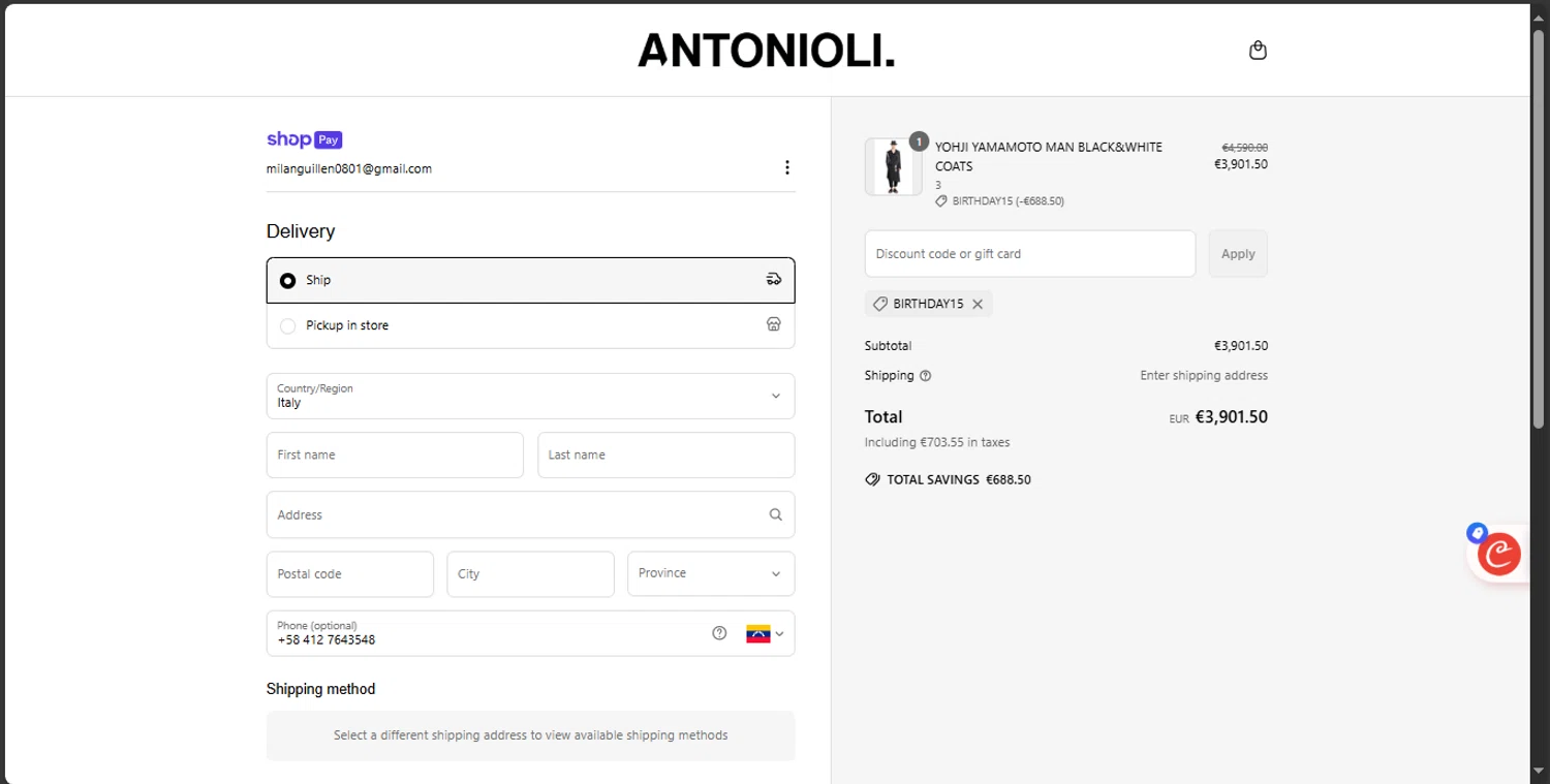 Antonioli discount code screenshot showing code BIRTHDAY15 applied at Antonioli checkout page. Uploaded by SimplyCodes community member _Capi_ on Apr 15, 2025