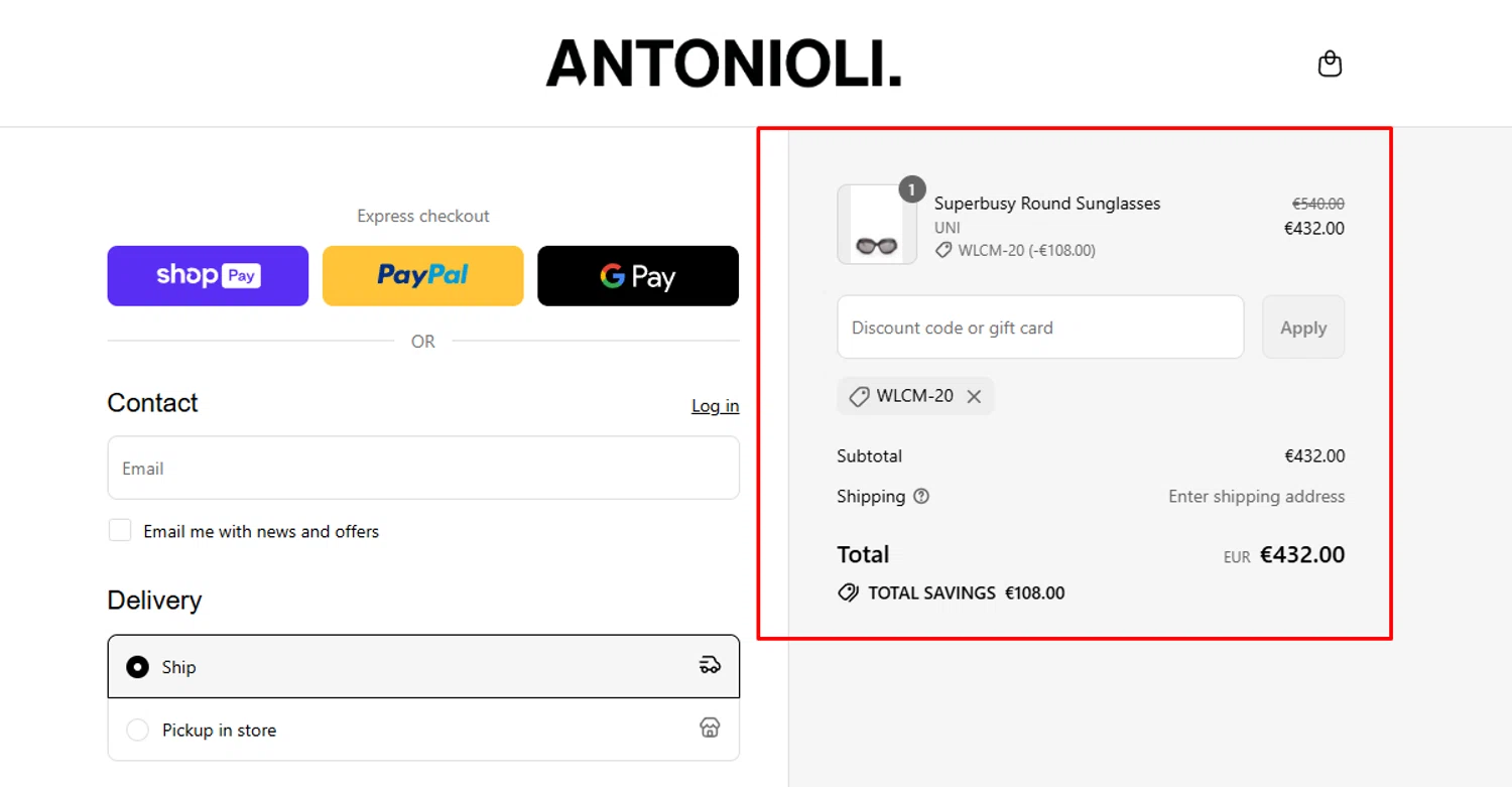Antonioli discount code screenshot showing code WLCM-20 applied at Antonioli checkout page. Uploaded by SimplyCodes community member Swiftdealz on Jul 16, 2025