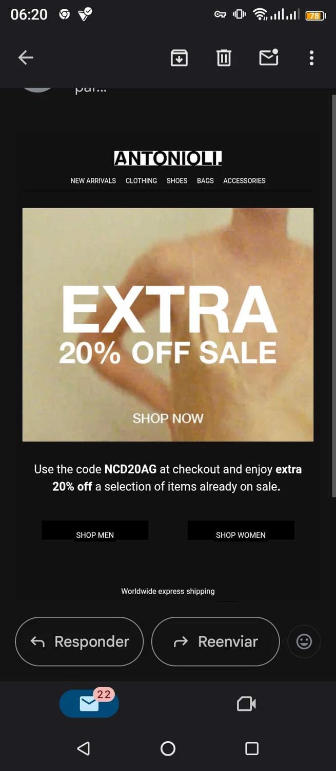 Antonioli discount code screenshot showing code NCD20AG applied at Antonioli checkout page. Uploaded by SimplyCodes community member jimmytheis on Aug 1, 2025