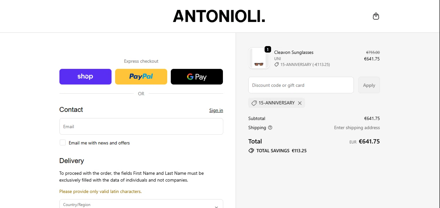 Antonioli discount code screenshot showing code 15-ANNIVERSARY applied at Antonioli checkout page. Uploaded by SimplyCodes community member juanisaac on Dec 24, 2025