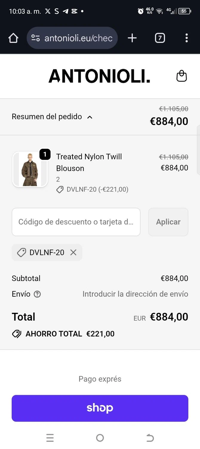 Antonioli discount code screenshot showing code DVLNF-20 applied at Antonioli checkout page. Uploaded by SimplyCodes community member kellymoreno on Feb 3, 2026