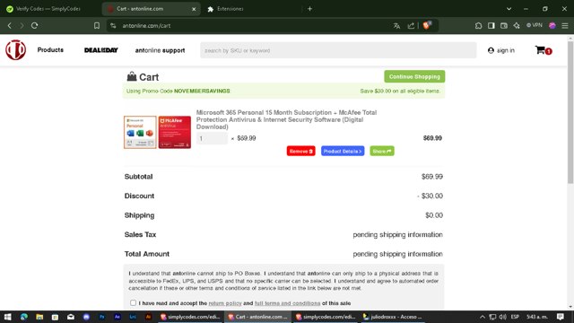 Antonline.com checkout page showing Antonline.com promo code box | Screenshot taken by SimplyCodes community member on Nov 12, 2024