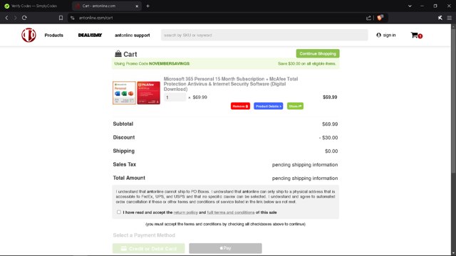 Antonline.com checkout page showing Antonline.com promo code box | Screenshot taken by SimplyCodes community member on Nov 12, 2024