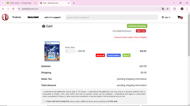 Antonline.com checkout page showing Antonline.com promo code box | Screenshot taken by SimplyCodes community member on Nov 12, 2024