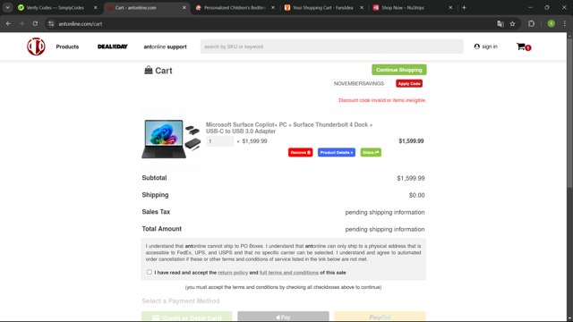 Antonline.com checkout page showing Antonline.com promo code box | Screenshot taken by SimplyCodes community member on Nov 12, 2024