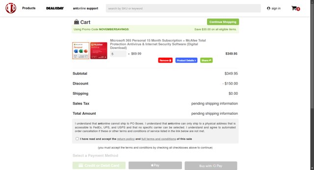 Antonline.com checkout page showing Antonline.com promo code box | Screenshot taken by SimplyCodes community member on Nov 12, 2024