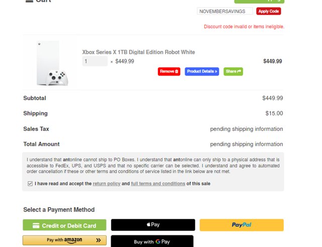 Antonline.com checkout page showing Antonline.com promo code box | Screenshot taken by SimplyCodes community member on Nov 12, 2024