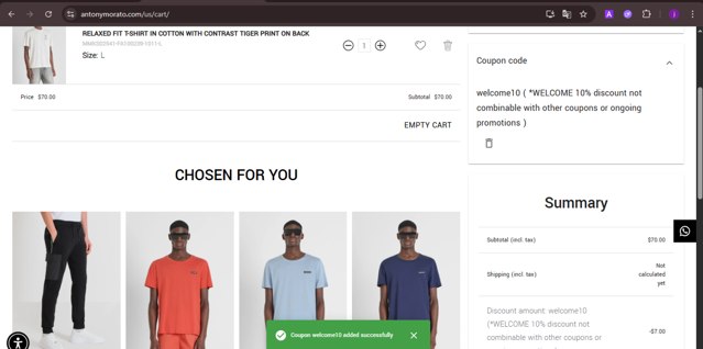 Antony Morato checkout page showing Antony Morato discount code box | Screenshot taken by SimplyCodes community member on Jul 24, 2025