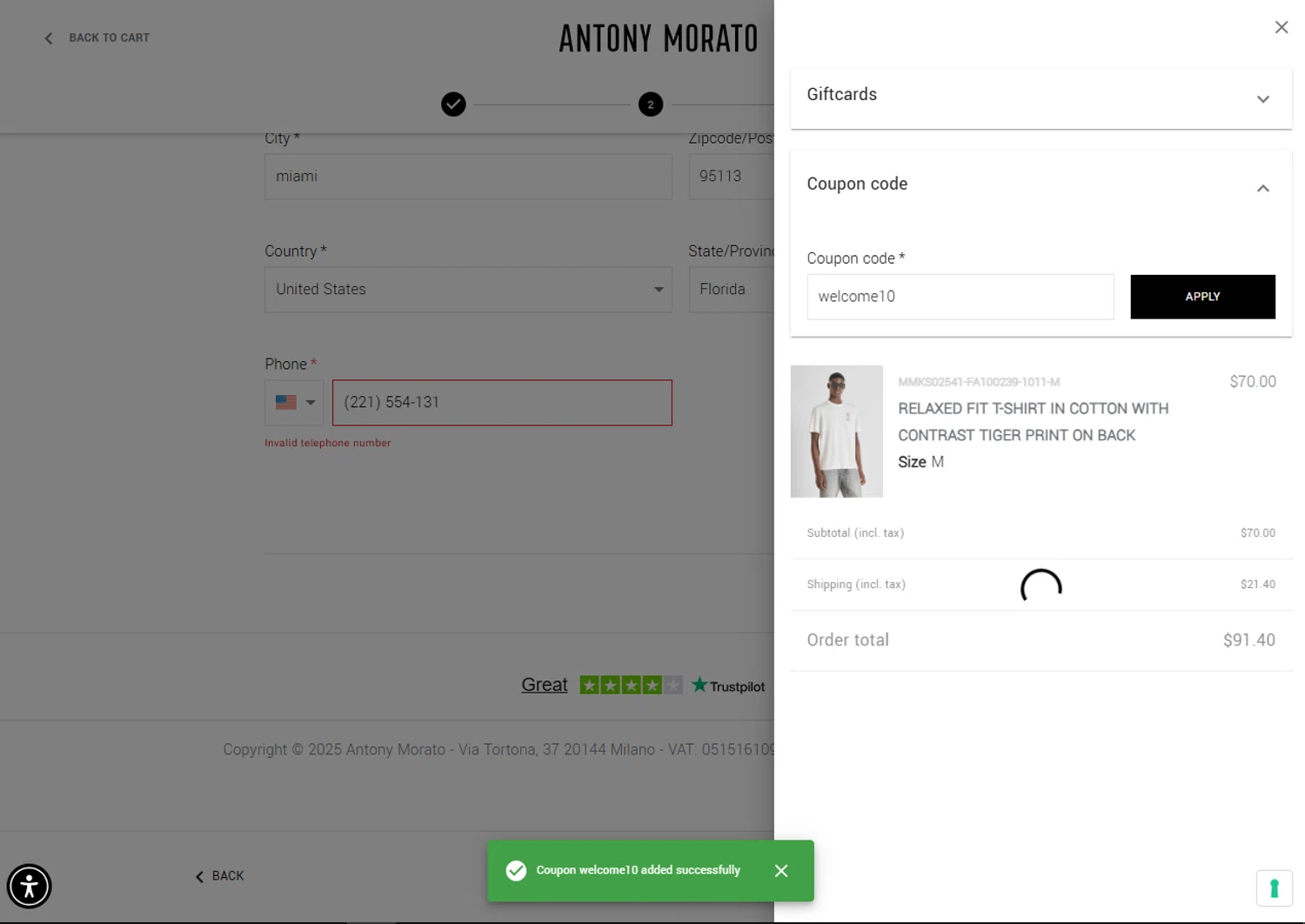 Antony Morato discount code screenshot showing code welcome10 applied at Antony Morato checkout page. Uploaded by SimplyCodes community member SalePhoenix2220 on Aug 29, 2025