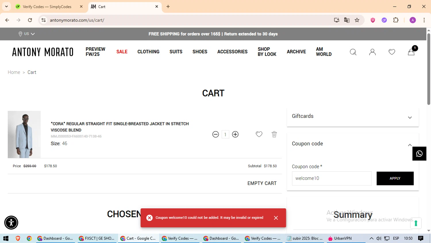 Antony Morato discount code screenshot showing code welcome10 applied at Antony Morato checkout page. Uploaded by SimplyCodes community member ScanExpert2824 on Jul 9, 2025