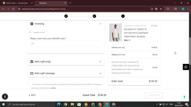 Antony Morato checkout page showing Antony Morato discount code box | Screenshot taken by SimplyCodes community member on Jul 18, 2025