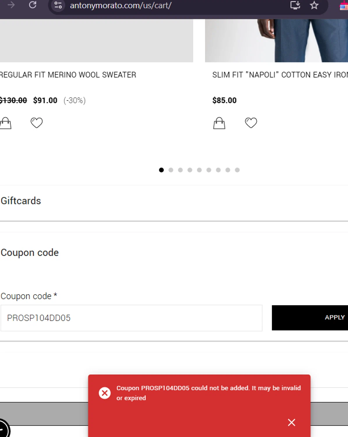 Antony Morato discount code screenshot showing code PROSP104DD05 applied at Antony Morato checkout page. Uploaded by SimplyCodes community member Coolemorestt on Jan 28, 2025
