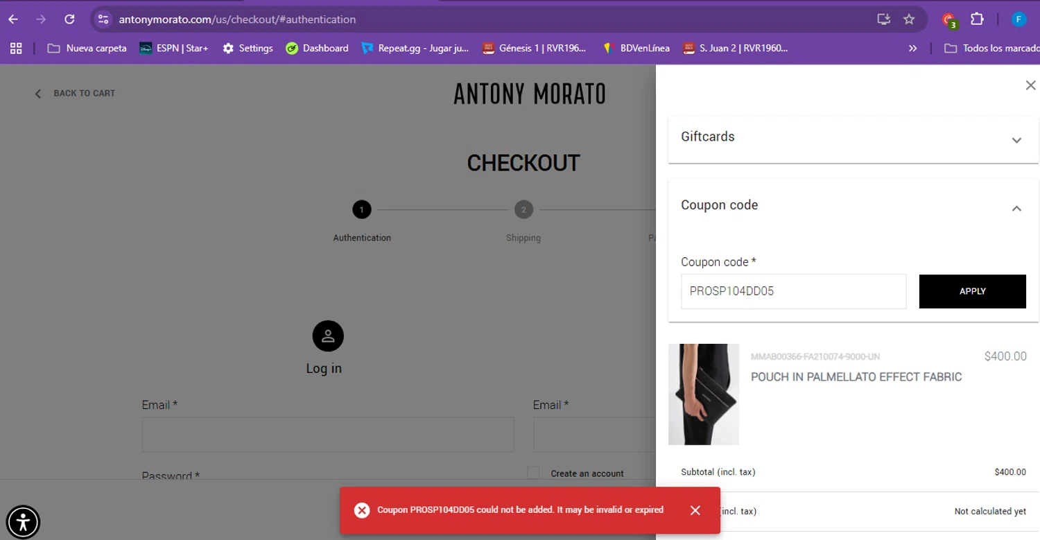 Antony Morato discount code screenshot showing code PROSP104DD05 applied at Antony Morato checkout page. Uploaded by SimplyCodes community member ShrewdWizard3248 on Jan 28, 2025