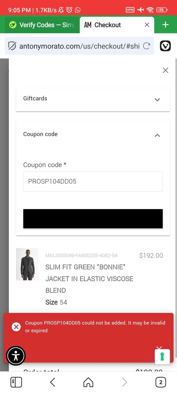 Antony Morato discount code screenshot showing code PROSP104DD05 applied at Antony Morato checkout page. Uploaded by SimplyCodes community member RoyalSage9159 on Jan 28, 2025