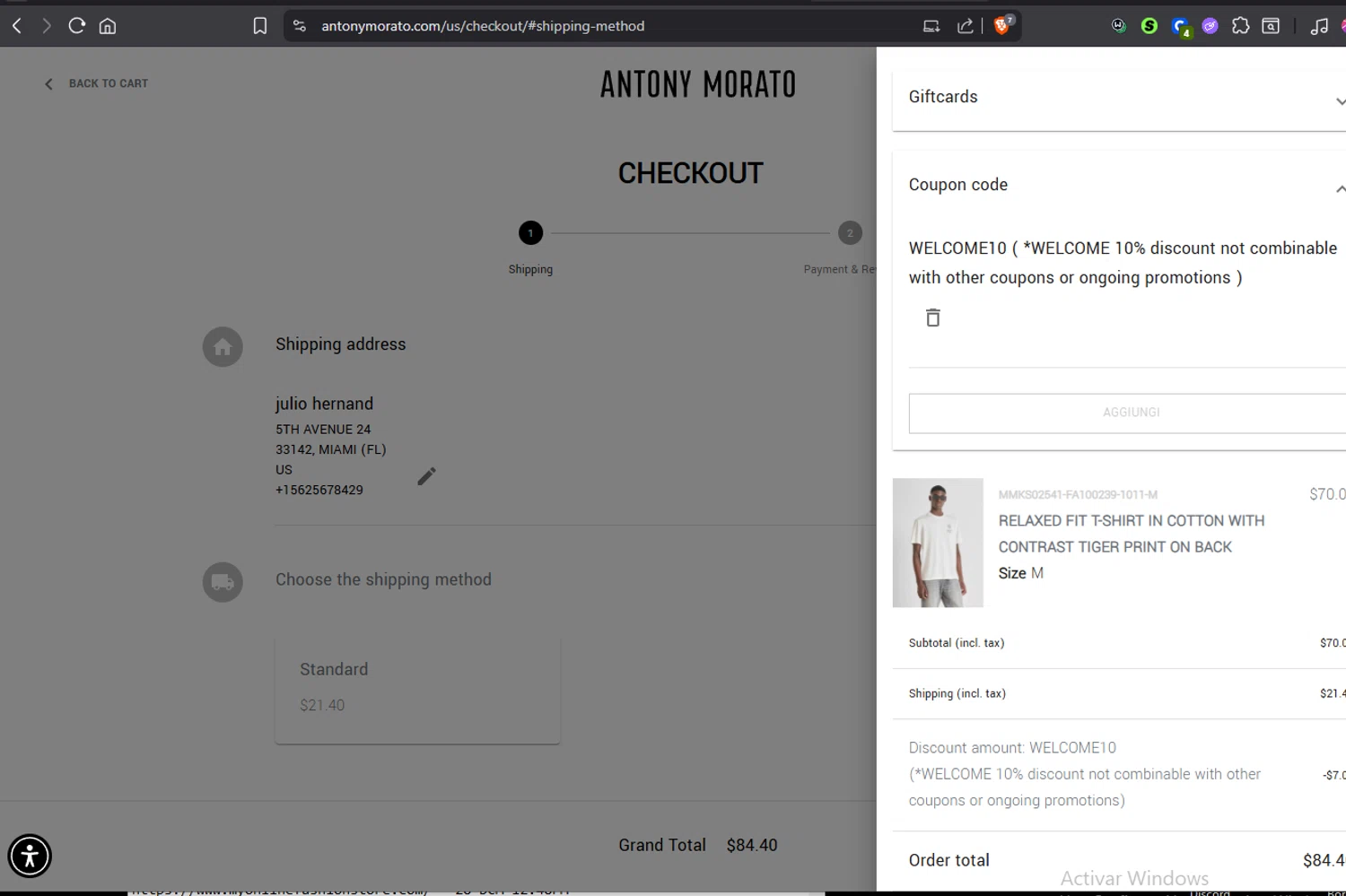 Antony Morato discount code screenshot showing code WELCOME10 applied at Antony Morato checkout page. Uploaded by SimplyCodes community member Jmhernand1 on Jul 11, 2025