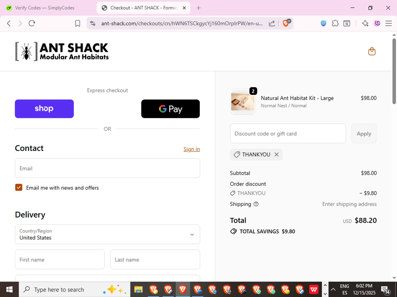 ANT-SHACK promo code screenshot showing code THANKYOU applied at ANT-SHACK checkout page. Uploaded by SimplyCodes community member Joserafa on Dec 15, 2025