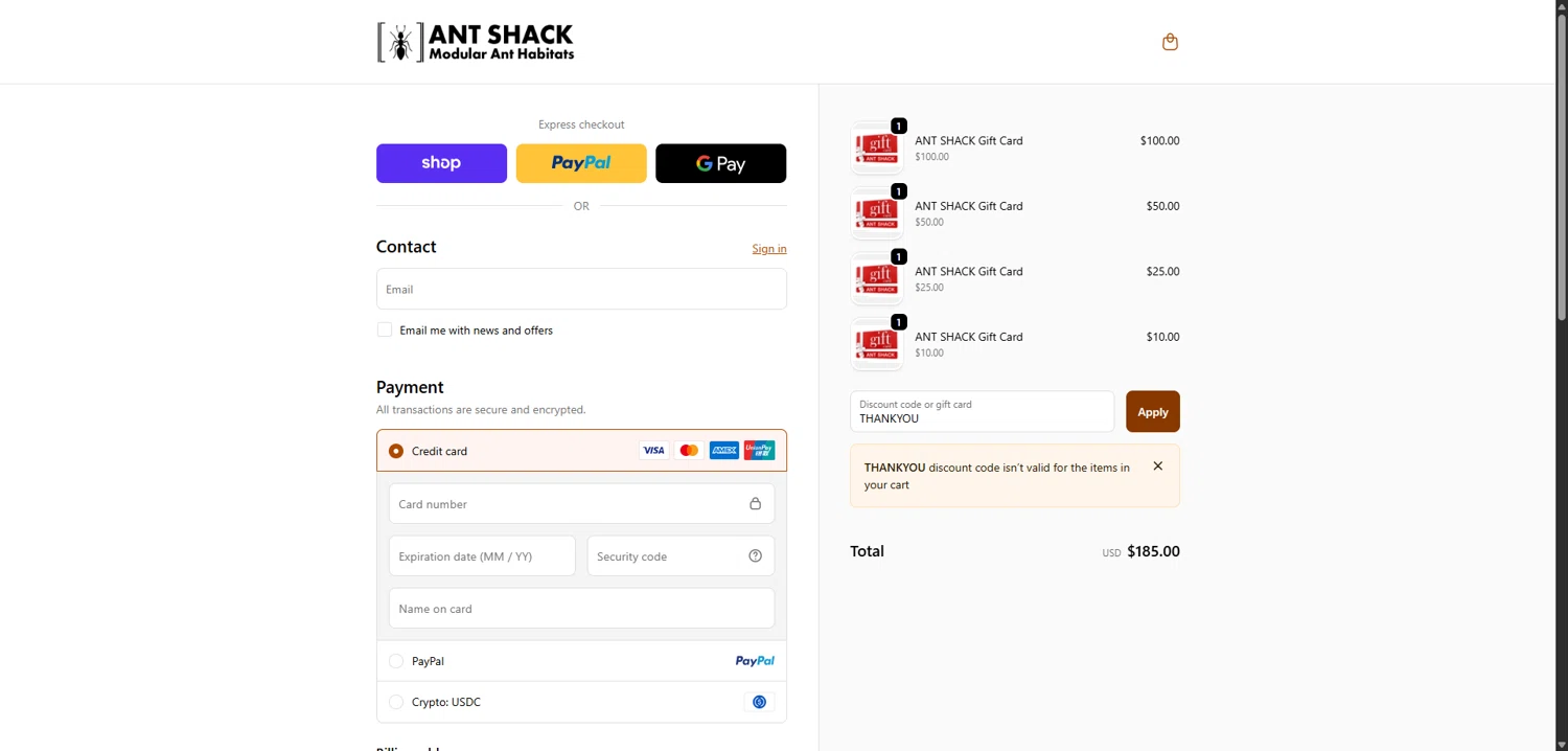 ANT-SHACK promo code screenshot showing code THANKYOU applied at ANT-SHACK checkout page. Uploaded by SimplyCodes community member TokenNavigator3088 on Dec 16, 2025