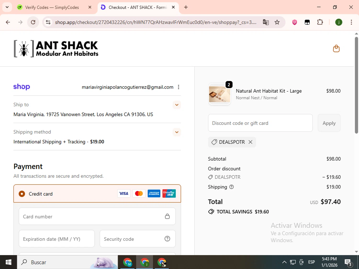 ANT-SHACK promo code screenshot showing code DEALSPOTR applied at ANT-SHACK checkout page. Uploaded by SimplyCodes community member SavingsCollector2592 on Jan 1, 2026
