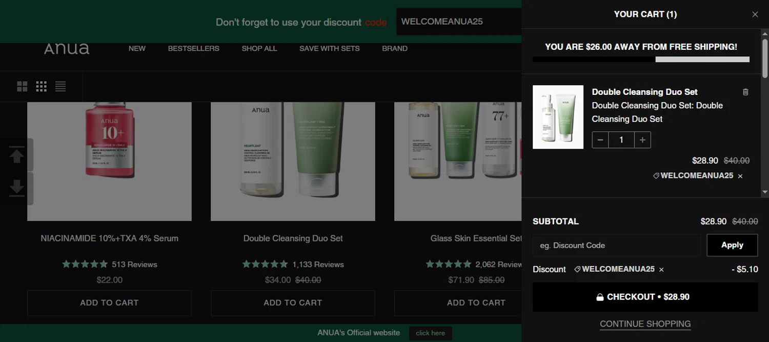 Anua discount code screenshot showing code WELCOMEANUA25 applied at Anua checkout page. Uploaded by SimplyCodes community member 111111 on Mar 30, 2025