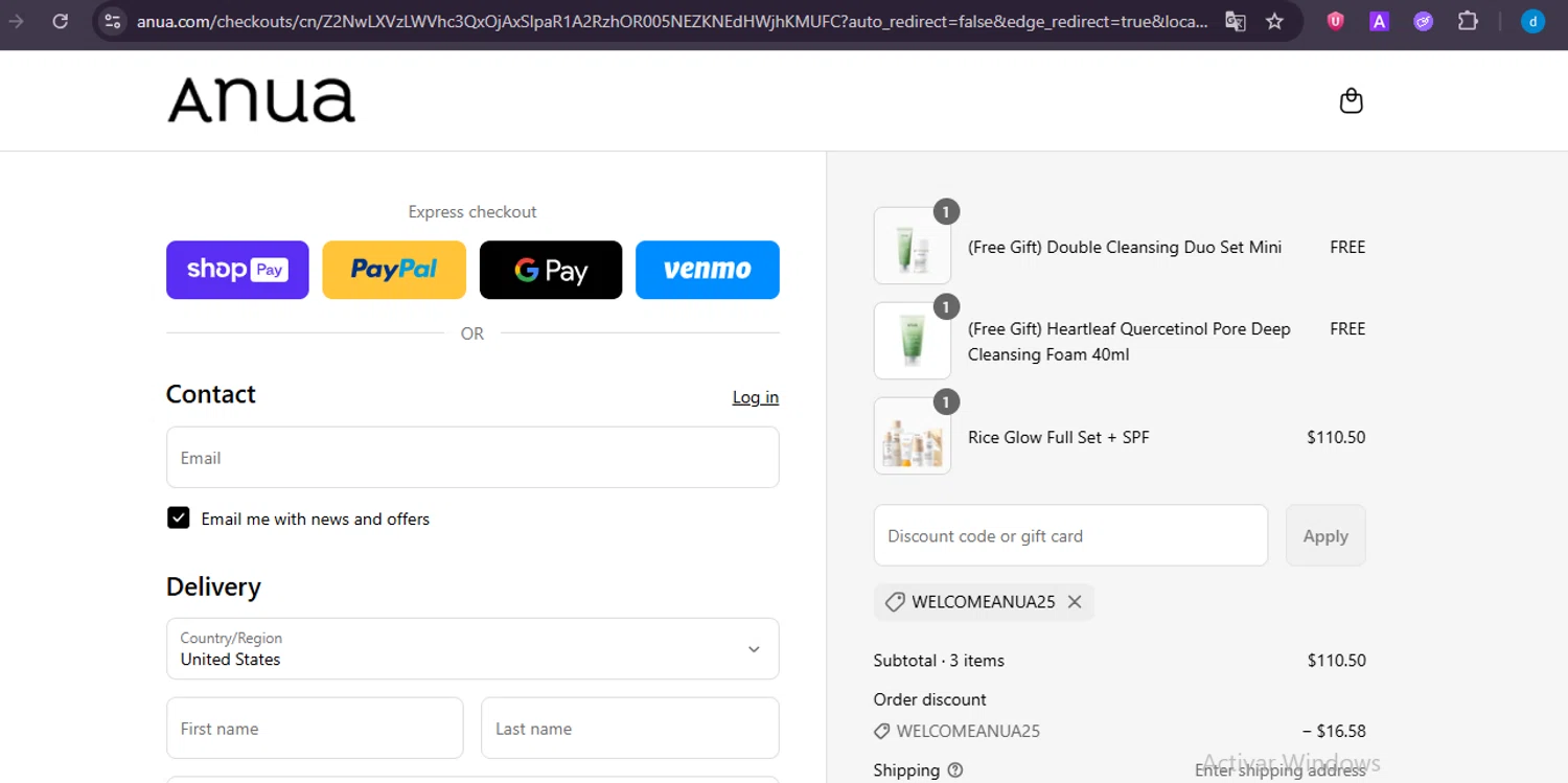 Anua discount code screenshot showing code WELCOMEANUA25 applied at Anua checkout page. Uploaded by SimplyCodes community member GloriousWizard8260 on Jul 12, 2025