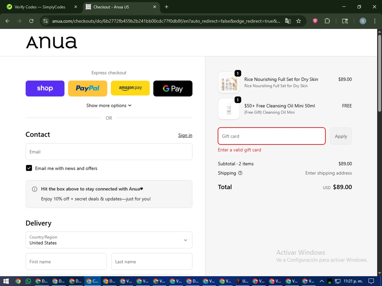 Anua discount code screenshot showing code anua10 applied at Anua checkout page. Uploaded by SimplyCodes community member CleverCurator2558 on Oct 25, 2025