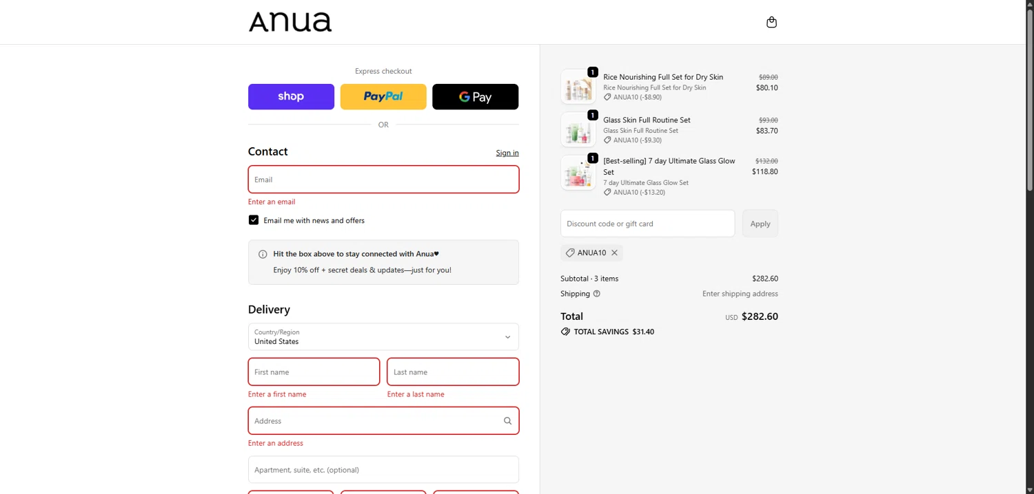 Anua discount code screenshot showing code anua10 applied at Anua checkout page. Uploaded by SimplyCodes community member VictoriousBoss8742 on Oct 20, 2025