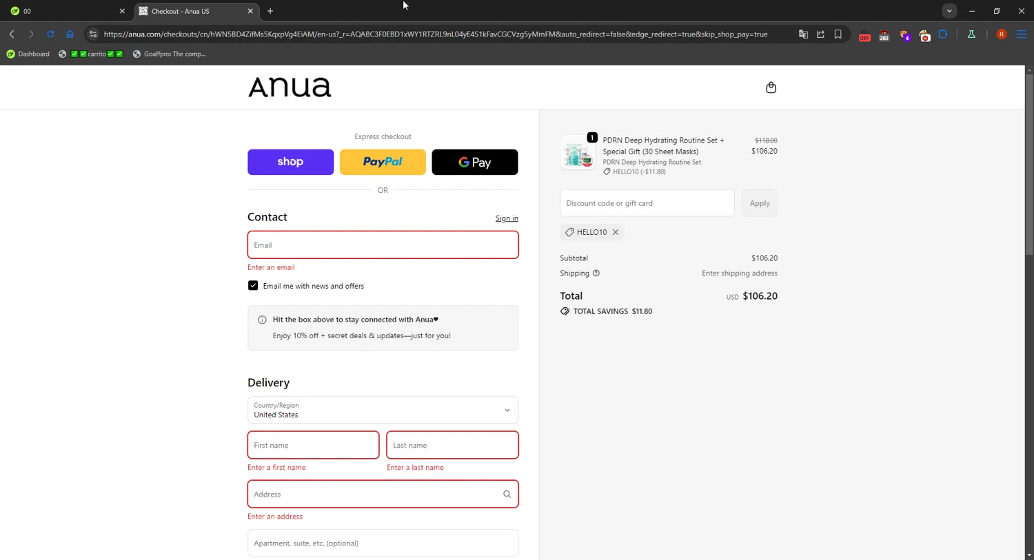 Anua discount code screenshot showing code hello10 applied at Anua checkout page. Uploaded by SimplyCodes community member RebateCaptain6918 on Nov 11, 2025