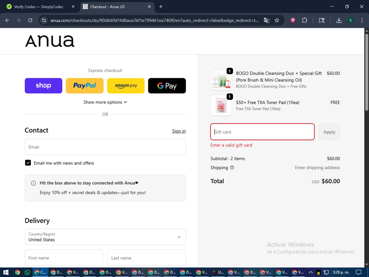 Anua discount code screenshot showing code hello10 applied at Anua checkout page. Uploaded by SimplyCodes community member lilMosey on Nov 11, 2025