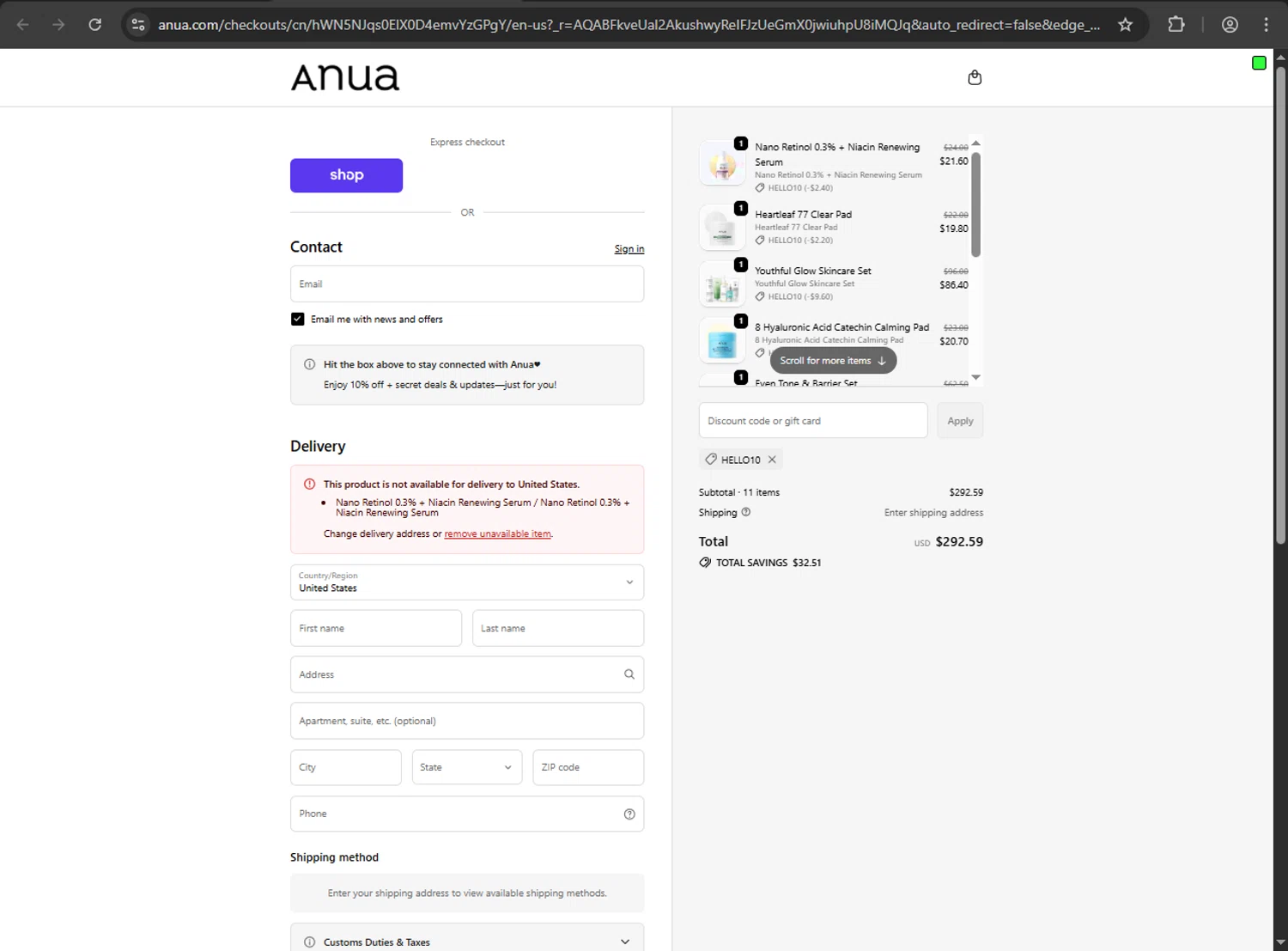 Anua discount code screenshot showing code hello10 applied at Anua checkout page. Uploaded by SimplyCodes community member webiwabo on Nov 16, 2025