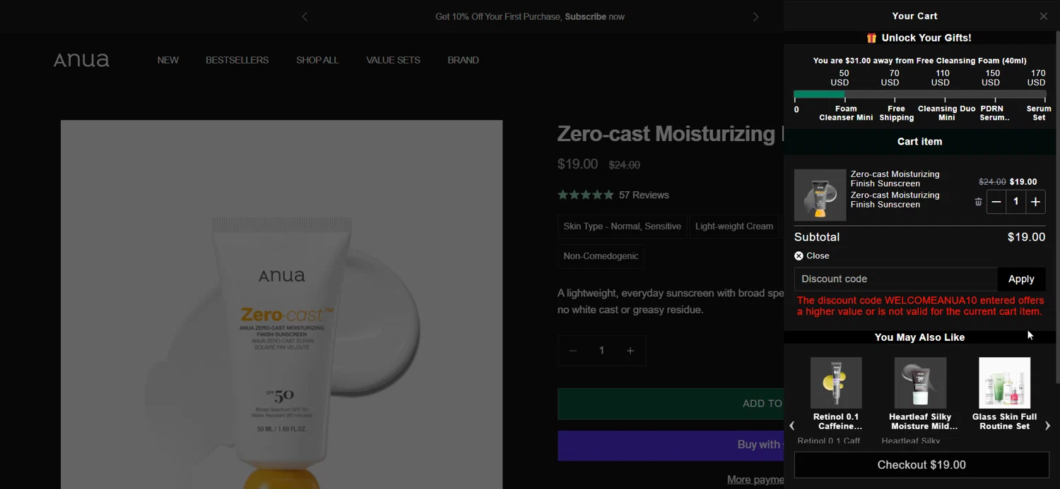 Anua discount code screenshot showing code WELCOMEANUA10 applied at Anua checkout page. Uploaded by SimplyCodes community member KarlLM on Sep 23, 2025