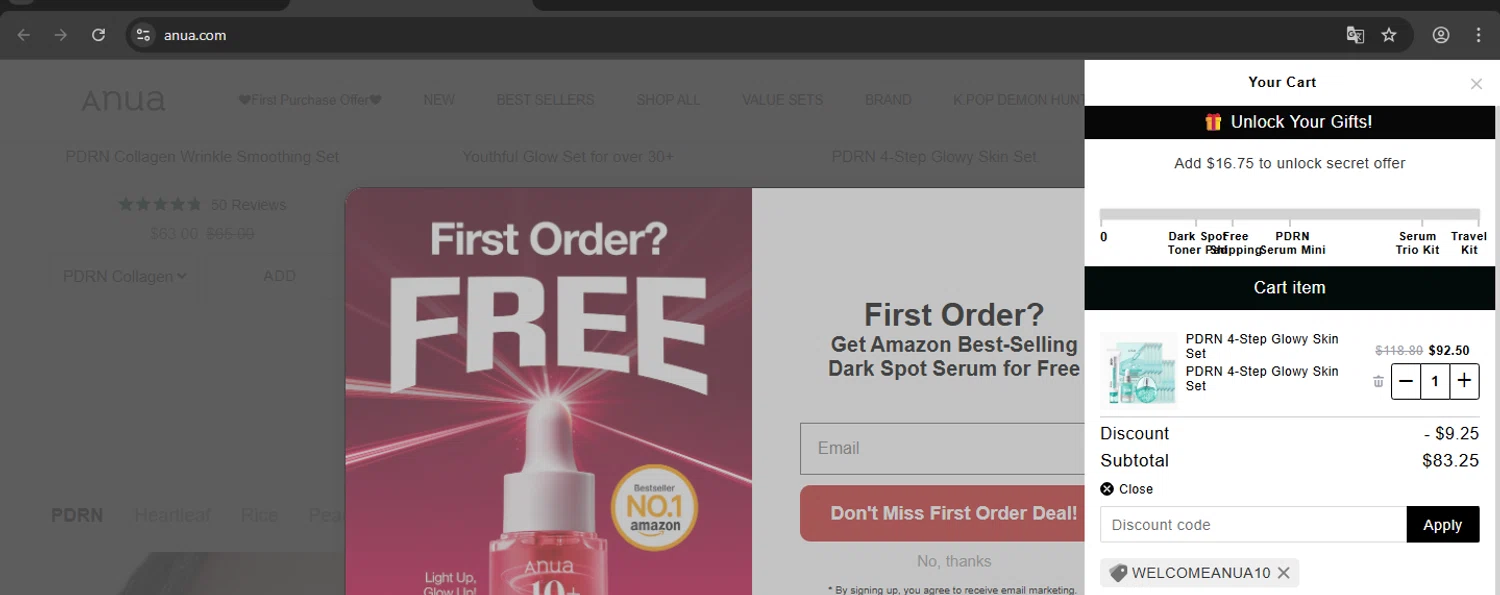 Anua checkout page showing Anua discount code box | Screenshot taken by SimplyCodes community member on Feb 20, 2026