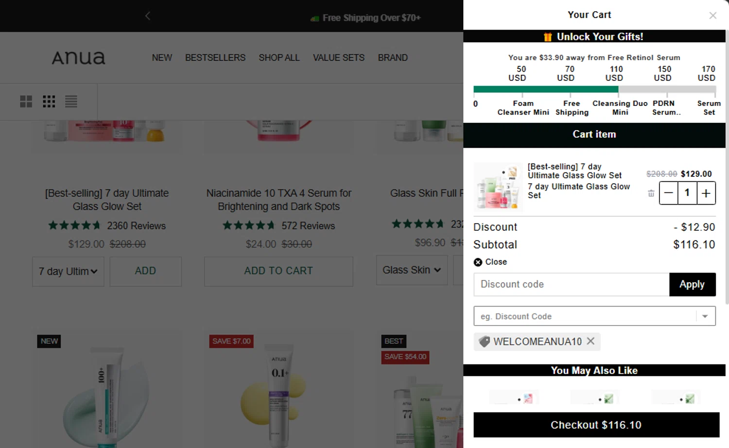 Anua discount code screenshot showing code WELCOMEANUA10 applied at Anua checkout page. Uploaded by SimplyCodes community member Santi_ago on Sep 23, 2025