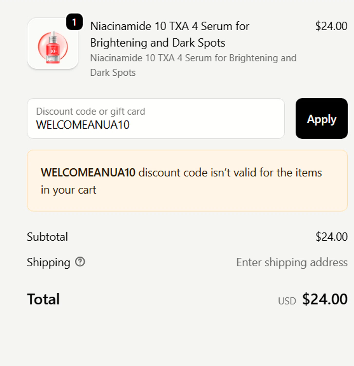 Anua discount code screenshot showing code WELCOMEANUA10 applied at Anua checkout page. Uploaded by SimplyCodes community member mangoBajito1543 on Sep 23, 2025