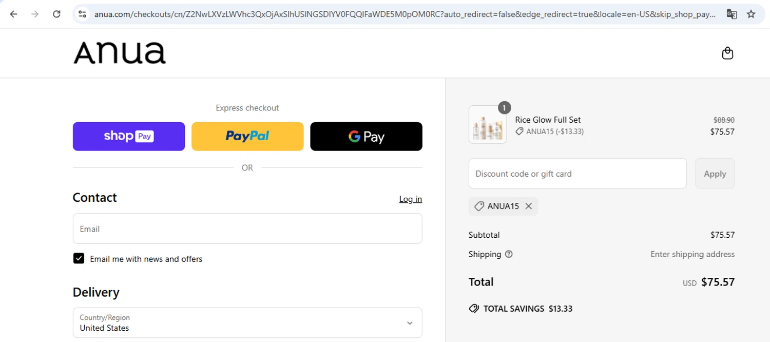 Anua discount code screenshot showing code anua15 applied at Anua checkout page. Uploaded by SimplyCodes community member carol_lameda on Jun 15, 2025