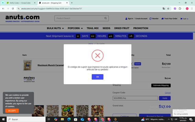 anuts.com checkout page showing anuts.com coupon code box | Screenshot taken by SimplyCodes community member on Aug 6, 2025