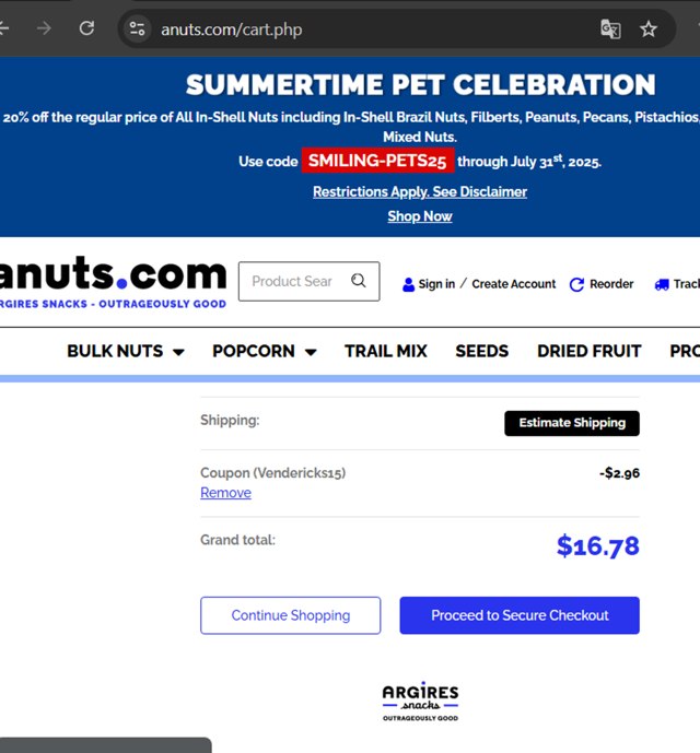 anuts.com checkout page showing anuts.com coupon code box | Screenshot taken by SimplyCodes community member on Jul 29, 2025