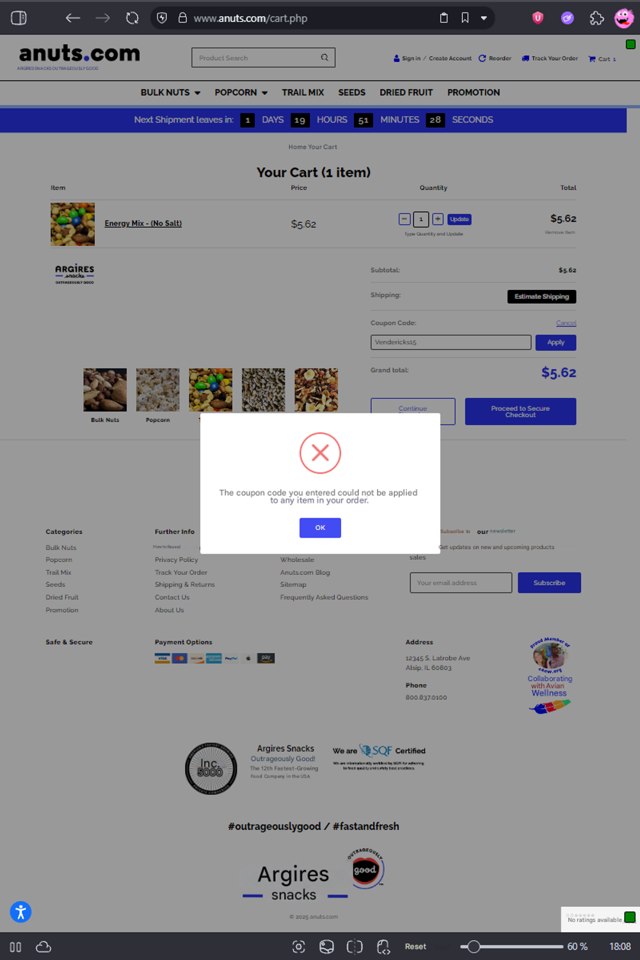 anuts.com checkout page showing anuts.com coupon code box | Screenshot taken by SimplyCodes community member on Aug 9, 2025