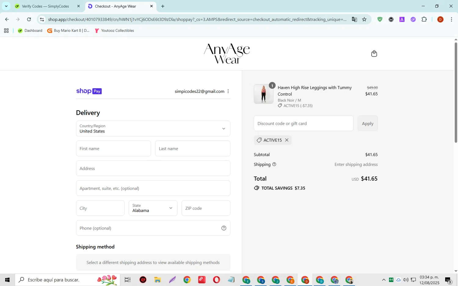 Any Age Activewear promo code screenshot showing code ACTIVE15 applied at Any Age Activewear checkout page. Uploaded by SimplyCodes community member SaleSaver3540 on Aug 12, 2025