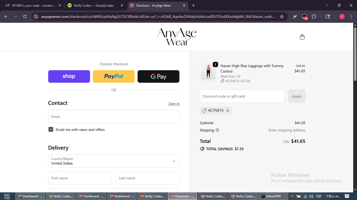 Any Age Activewear promo code screenshot showing code ACTIVE15 applied at Any Age Activewear checkout page. Uploaded by SimplyCodes community member WisePro3739 on Nov 29, 2025