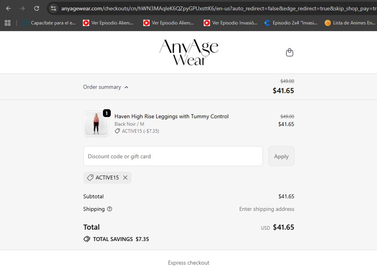 Any Age Activewear promo code screenshot showing code ACTIVE15 applied at Any Age Activewear checkout page. Uploaded by SimplyCodes community member eduardolopez on Sep 24, 2025
