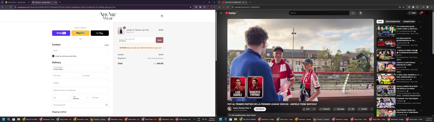 Any Age Activewear promo code screenshot showing code ACTIVE10 applied at Any Age Activewear checkout page. Uploaded by SimplyCodes community member BrilliantSaver7516 on Aug 16, 2025