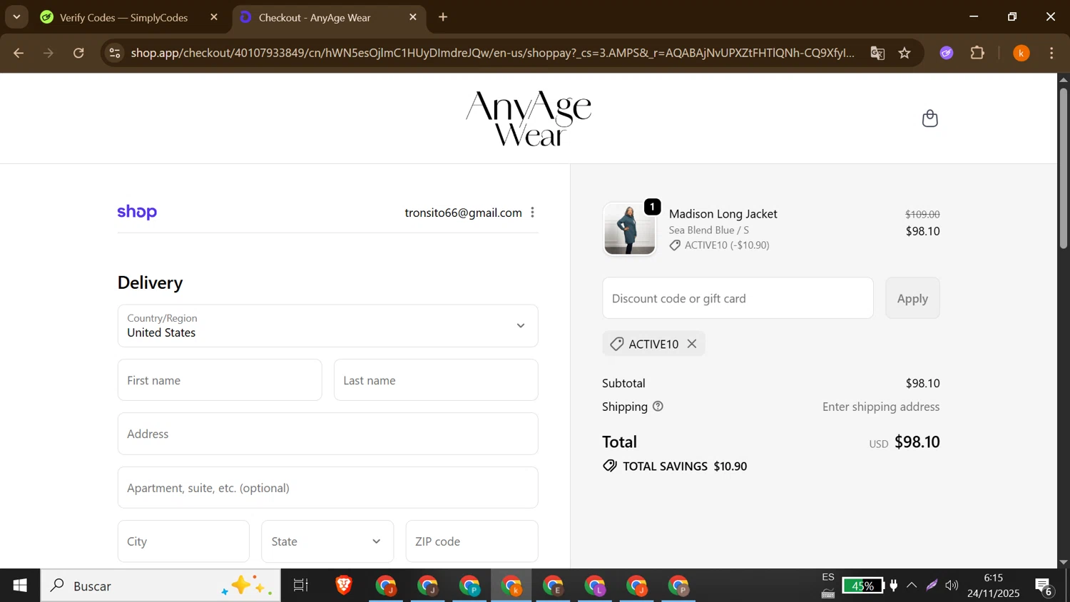 Any Age Activewear promo code screenshot showing code ACTIVE10 applied at Any Age Activewear checkout page. Uploaded by SimplyCodes community member MoneyShopper1883 on Nov 24, 2025