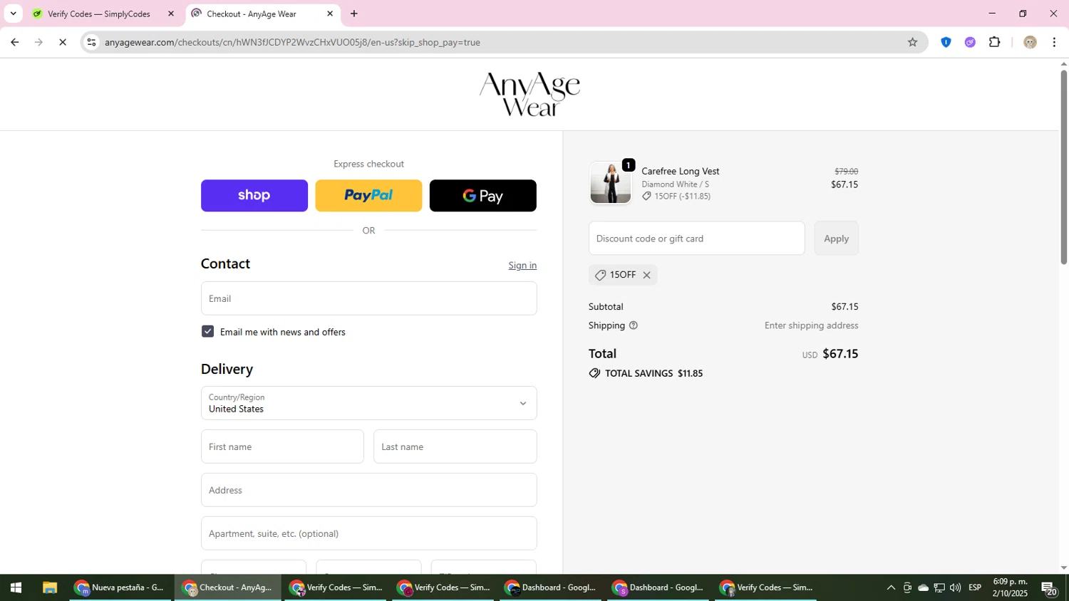 Any Age Activewear promo code screenshot showing code 15OFF applied at Any Age Activewear checkout page. Uploaded by SimplyCodes community member NobleScholar4826 on Oct 2, 2025