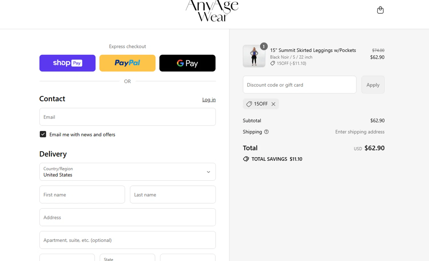 Any Age Activewear promo code screenshot showing code 15OFF applied at Any Age Activewear checkout page. Uploaded by SimplyCodes community member ThriftyShopper3669 on Jul 27, 2025