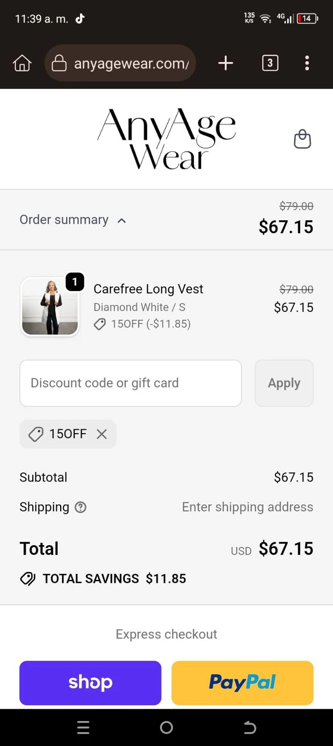 Any Age Activewear promo code screenshot showing code 15OFF applied at Any Age Activewear checkout page. Uploaded by SimplyCodes community member WiseScout4178 on Sep 20, 2025