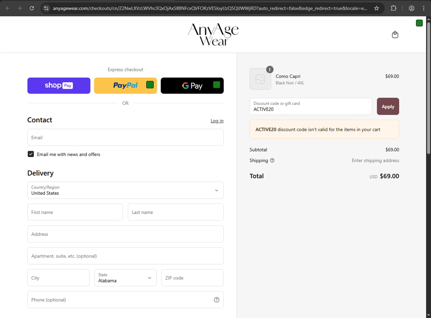 Any Age Activewear promo code screenshot showing code ACTIVE20 applied at Any Age Activewear checkout page. Uploaded by SimplyCodes community member luffyreturn on Jun 21, 2025