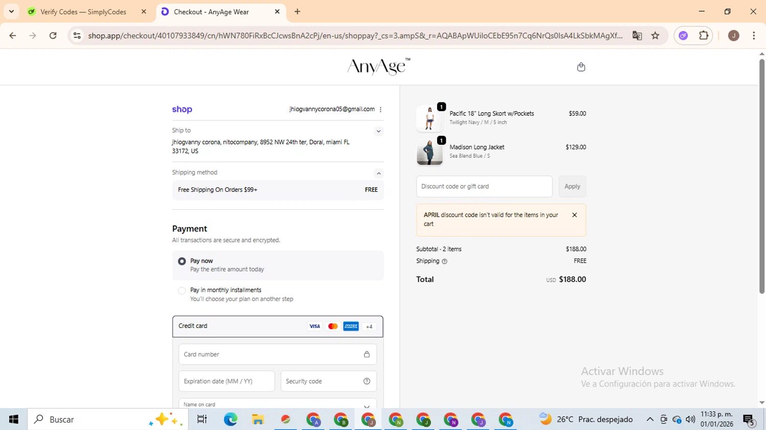Any Age Activewear promo code screenshot showing code APRIL applied at Any Age Activewear checkout page. Uploaded by SimplyCodes community member ValiantHero2365 on Jan 2, 2026