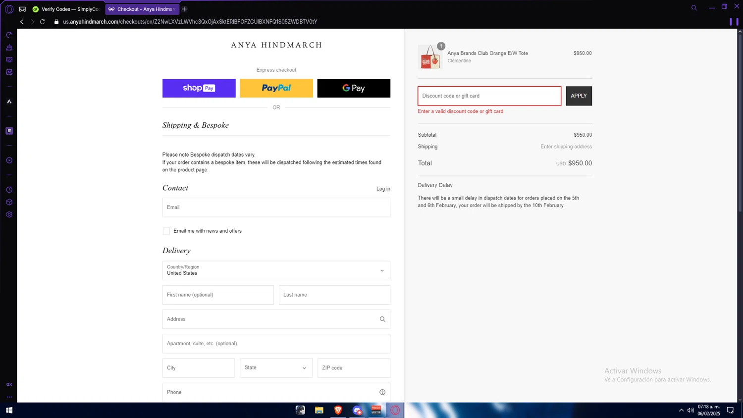 Anya Hindmarch promo code screenshot showing code EXTRA10 applied at Anya Hindmarch checkout page. Uploaded by SimplyCodes community member Anzeer on Feb 6, 2025