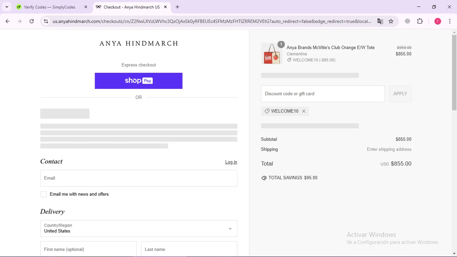 Anya Hindmarch promo code screenshot showing code WELCOME10 applied at Anya Hindmarch checkout page. Uploaded by SimplyCodes community member Ronny50 on Feb 14, 2025