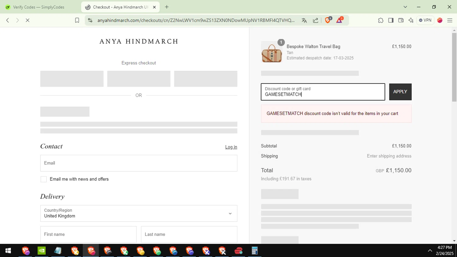 Anya Hindmarch promo code screenshot showing code GAMESETMATCH applied at Anya Hindmarch checkout page. Uploaded by SimplyCodes community member ValueFox5508 on Feb 24, 2025